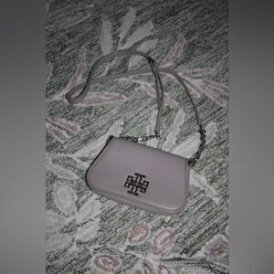 Tory Burch Taupe Pebbled Leather Crossbody with Logo